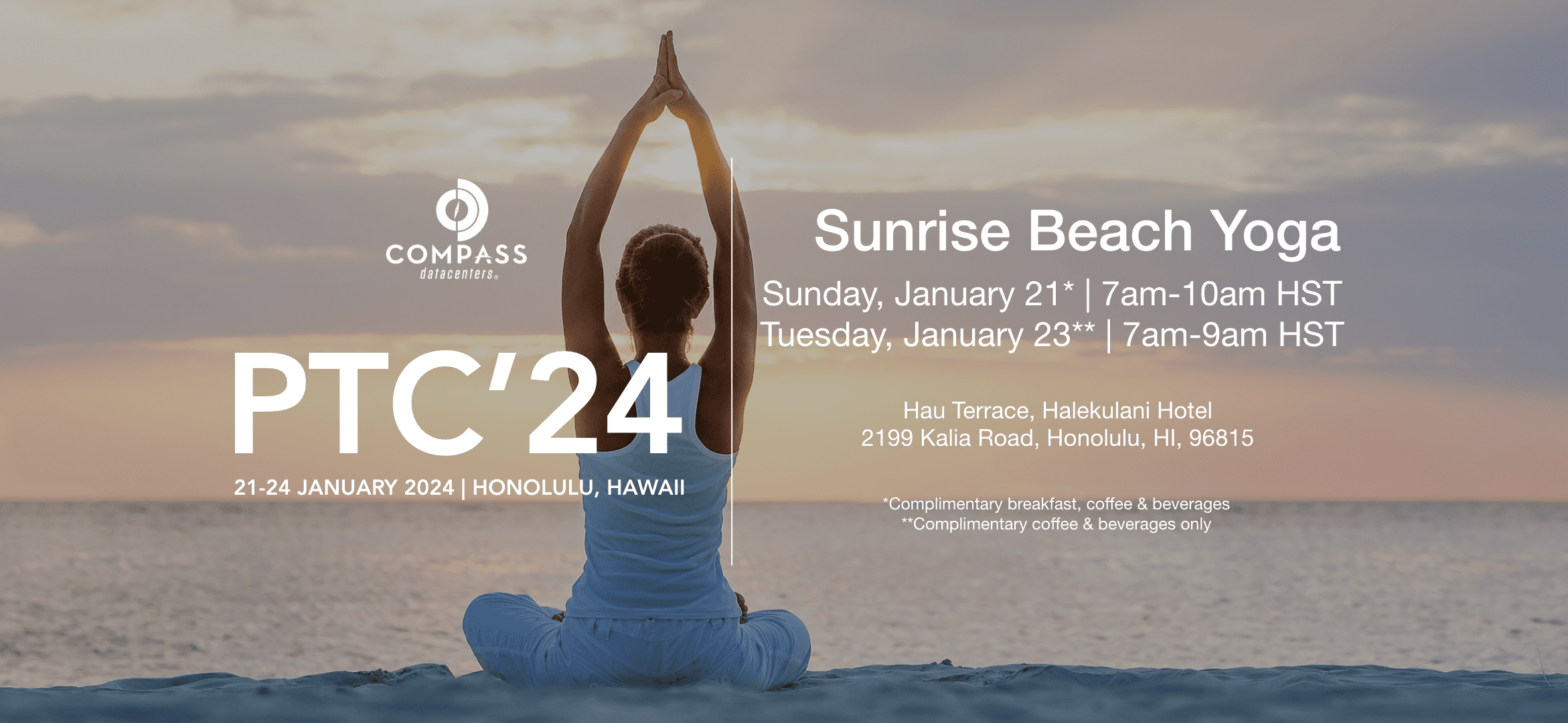 An advertisement for Sunrise Beach Yoga in Honolulu, Hawaii shows a person practicing yoga at dawn with event details and sponsor logos overlaid.